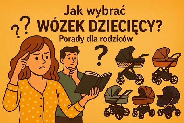 Ilustracja przedstawiająca kobietę i mężczyznę zastanawiających się nad wyborem wózka dziecięcego. Kobieta ma rękę na głowie, a mężczyzna trzyma otwarty poradnik. W tle na żółtym tle napis "Jak wybrać wózek dziecięcy? Porady dla rodziców" z pytaniami i ilustracjami różnych wózków dziecięcych.